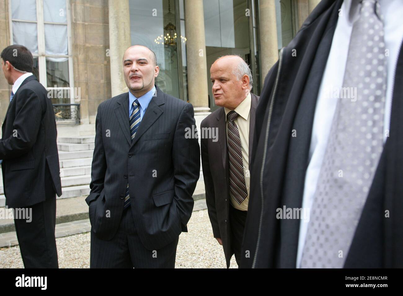 Enis'father, Mustapha Kocakurt, accompanied with his own father Turan, speak to the media after their private meeting with President Nicolas Sarkozy at the Elysee Palace in Paris, France on August 20, 2007. Enis was kidnaped and raped by a serial paedophile, who was just released from jail, last week. Photo by Mehdi Taamallah/ABACAPRESS.COM Stock Photo