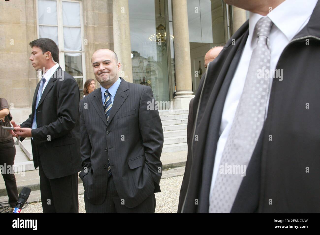 Enis'father, Mustapha Kocakurt, accompanied with his own father Turan, speak to the media after their private meeting with President Nicolas Sarkozy at the Elysee Palace in Paris, France on August 20, 2007. Enis was kidnaped and raped by a serial paedophile, who was just released from jail, last week. Photo by Mehdi Taamallah/ABACAPRESS.COM Stock Photo
