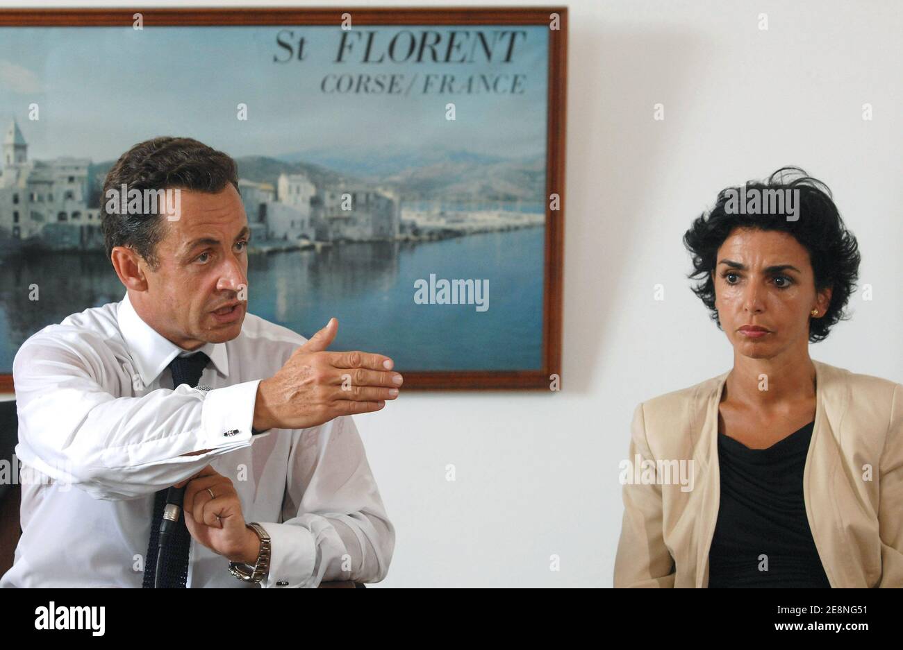 France's President Nicolas Sarkozy flanked by Justice minister Rachida Dati, holds a press conference about extortion threats at Saint-Florent during a one-day visit to the French Mediterranean island of Corsica France, on August 28, 2007. Benvenuti is a local restaurant owner who claims to have received extortion threats. Photo by Christophe Guibbbaud/ABACAPRESS.COM Stock Photo
