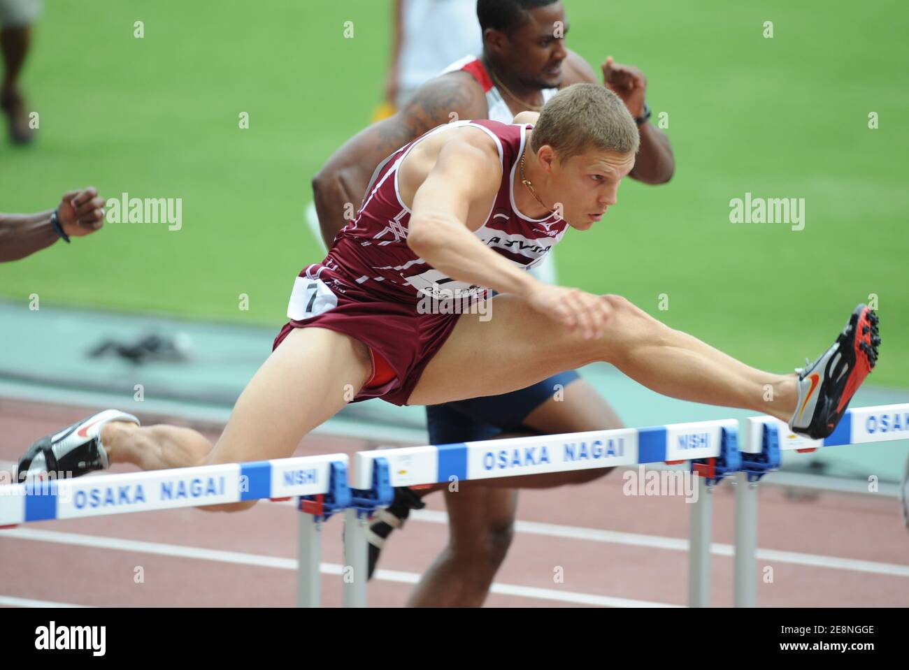 Latvia's Stanilavs Olijars competes on men's 110 meters hurdles heats during the 11 World Championships in Athletics, at the Nagai stadium, in Osaka, Japan, on August 29, 2007. Photo by Gouhier-Kempinaire/Cameleon/ABACAPRESS.COM Stock Photo