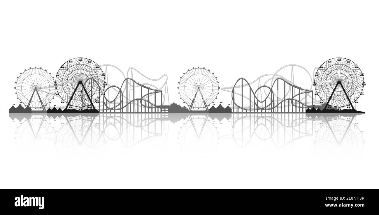 Ferris wheel. Funfair carnival background. Circus park. Roller coaster. Vector illustration. Stock Vector