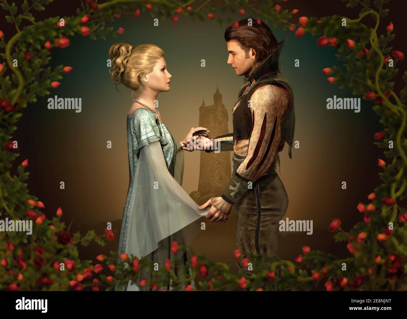 3d computer graphics of fairy tale scene with prince and princess Stock Photo
