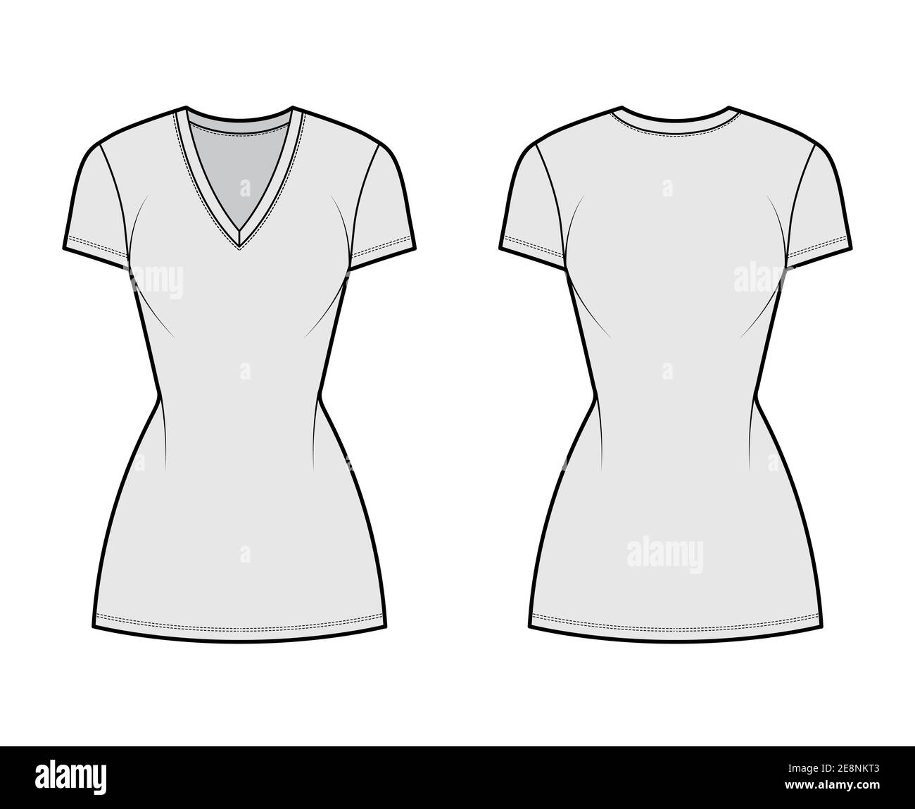 T-shirt dress technical fashion illustration with V-neck, short sleeves, mini length, fitted body, Pencil fullness. Flat apparel template front, back, grey color. Women, men, unisex CAD mockup Stock Vector