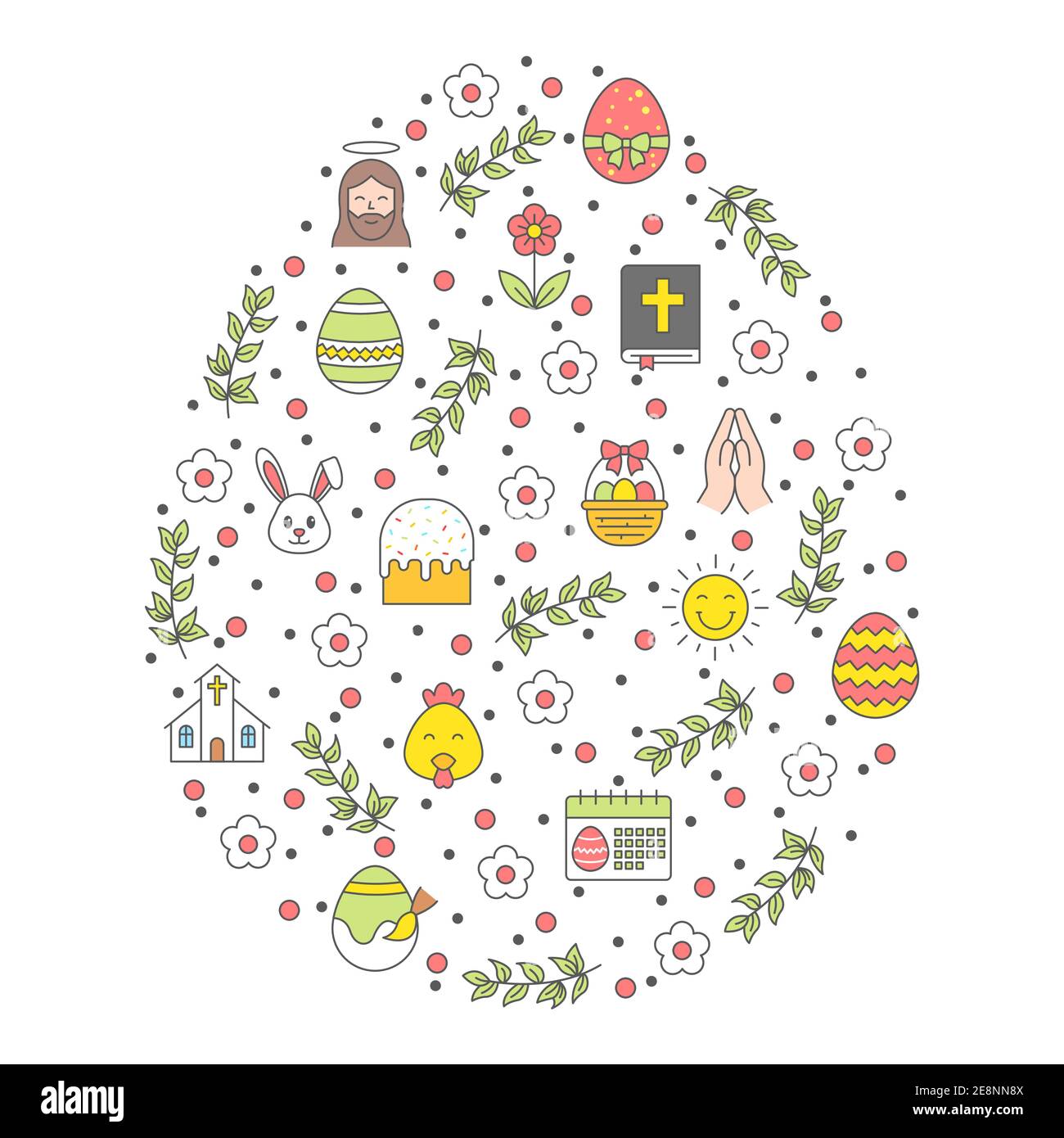 Happy Easter Icons Within Egg Shape, Easter vector poster Illustration, easter holiday poster vector icon set, greeting card, vector template Stock Vector