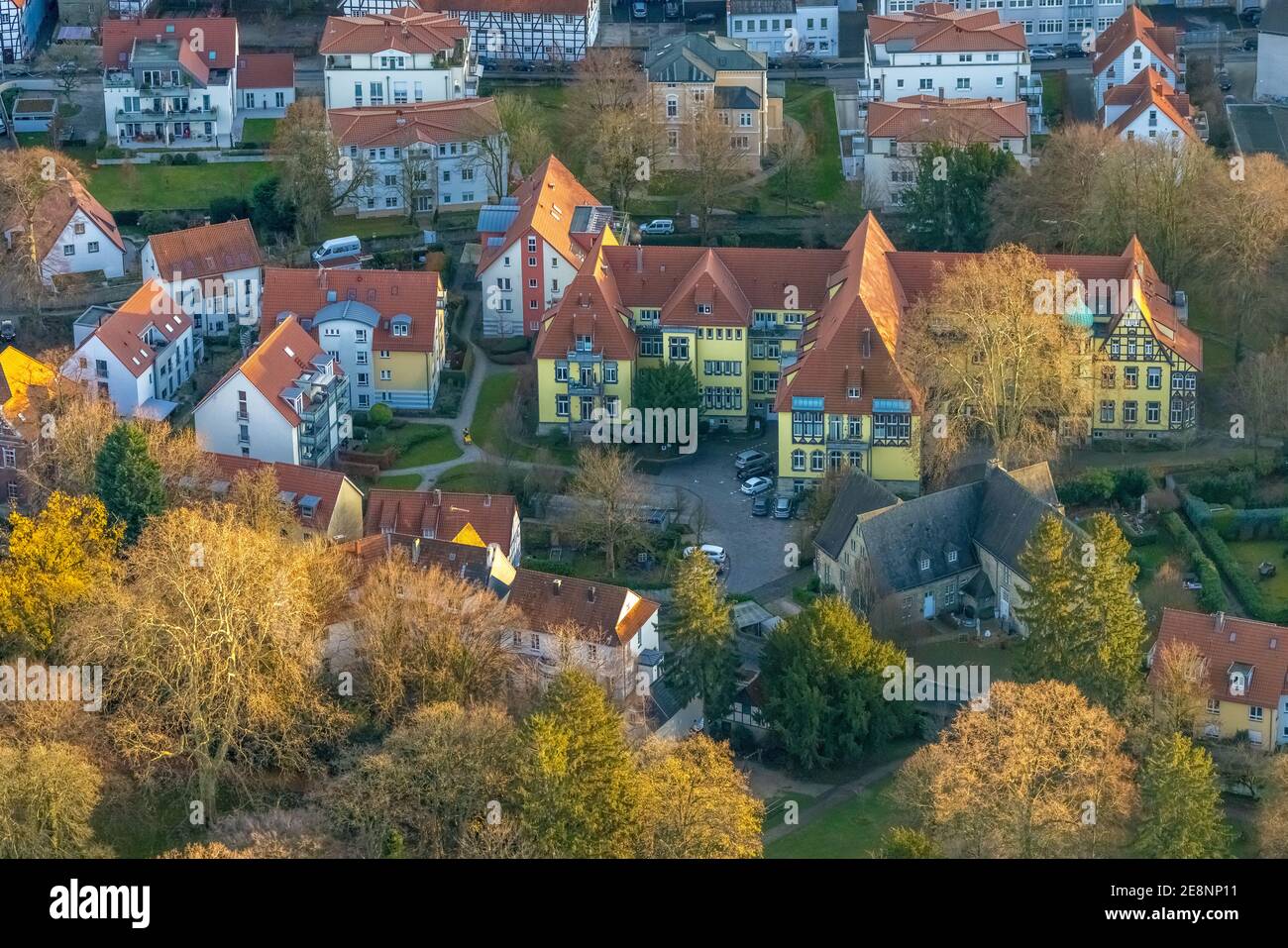 Aerial view, Bergenthalpark, Spital Physio, Soest, Soester Börde, North Rhine-Westphalia, Germany, DE, Daelengasse, Europe, Healthcare, Green space, P Stock Photo