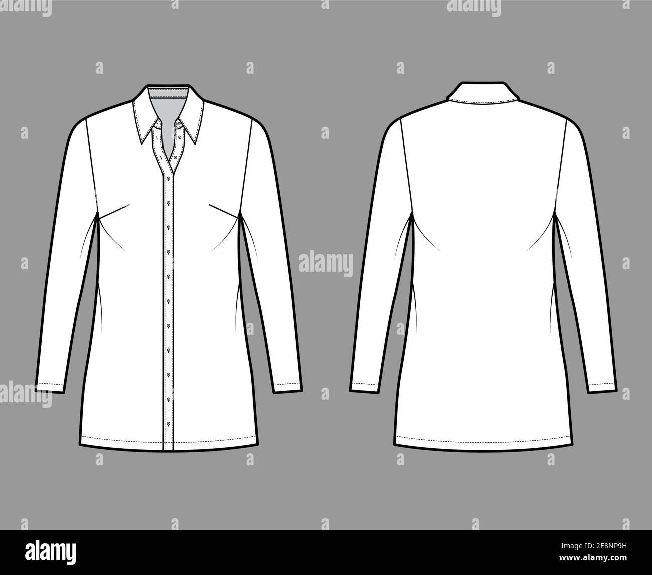 Shirt dress technical fashion illustration with classic regular collar ...