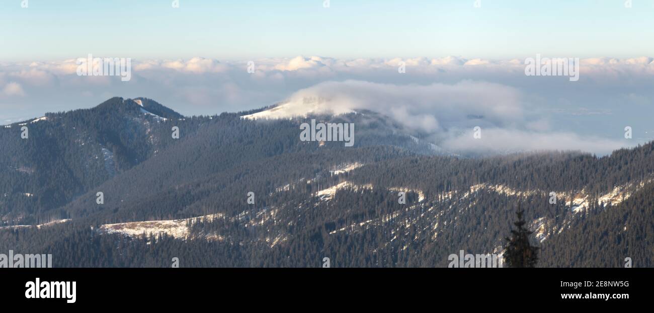 volcano like fog in the mountains Stock Photo