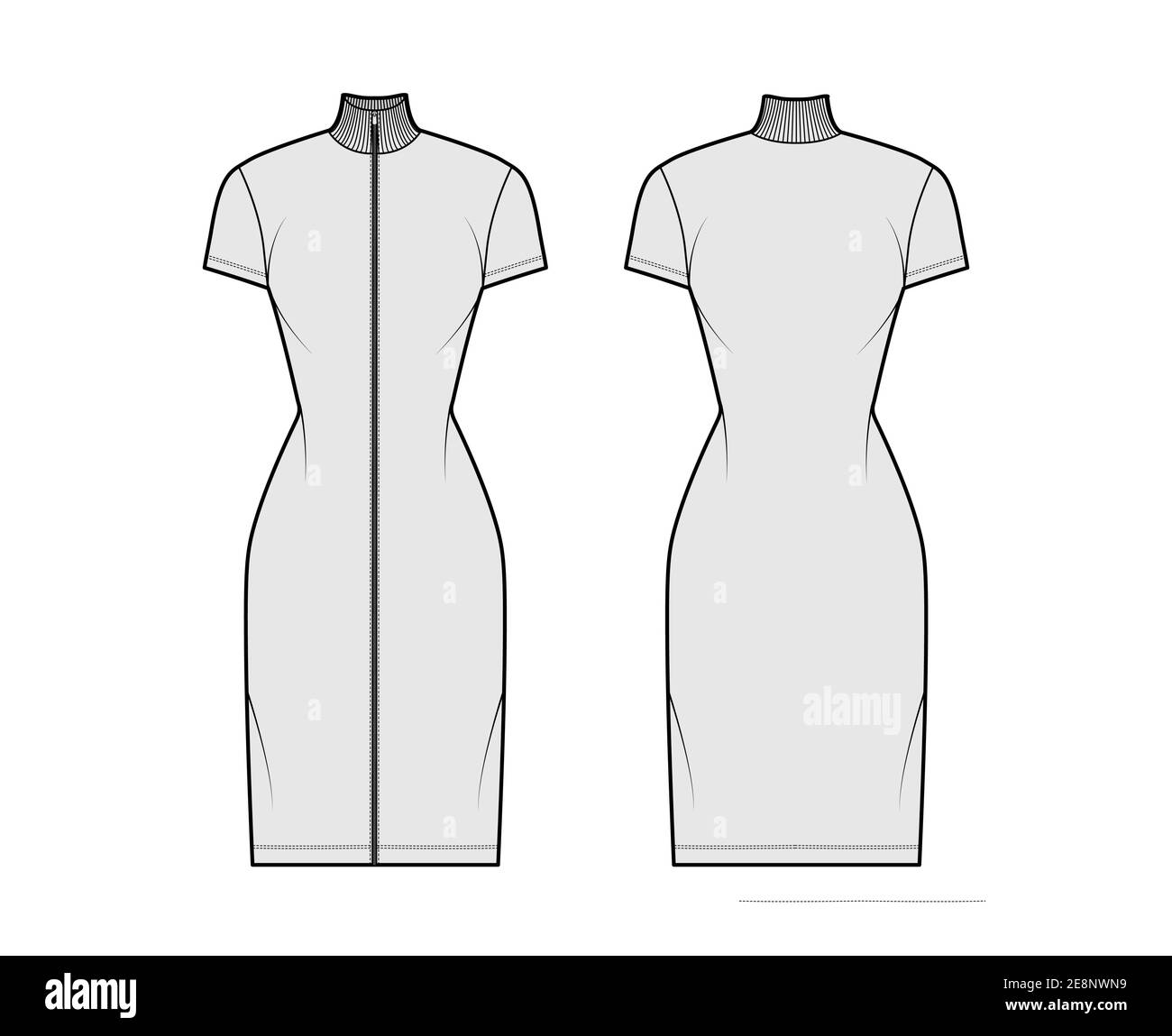 Turtleneck zip-up dress technical fashion illustration with short sleeves, knee length, fitted body, Pencil fullness. Flat apparel template front, back, grey color. Women, men, unisex CAD mockup Stock Vector