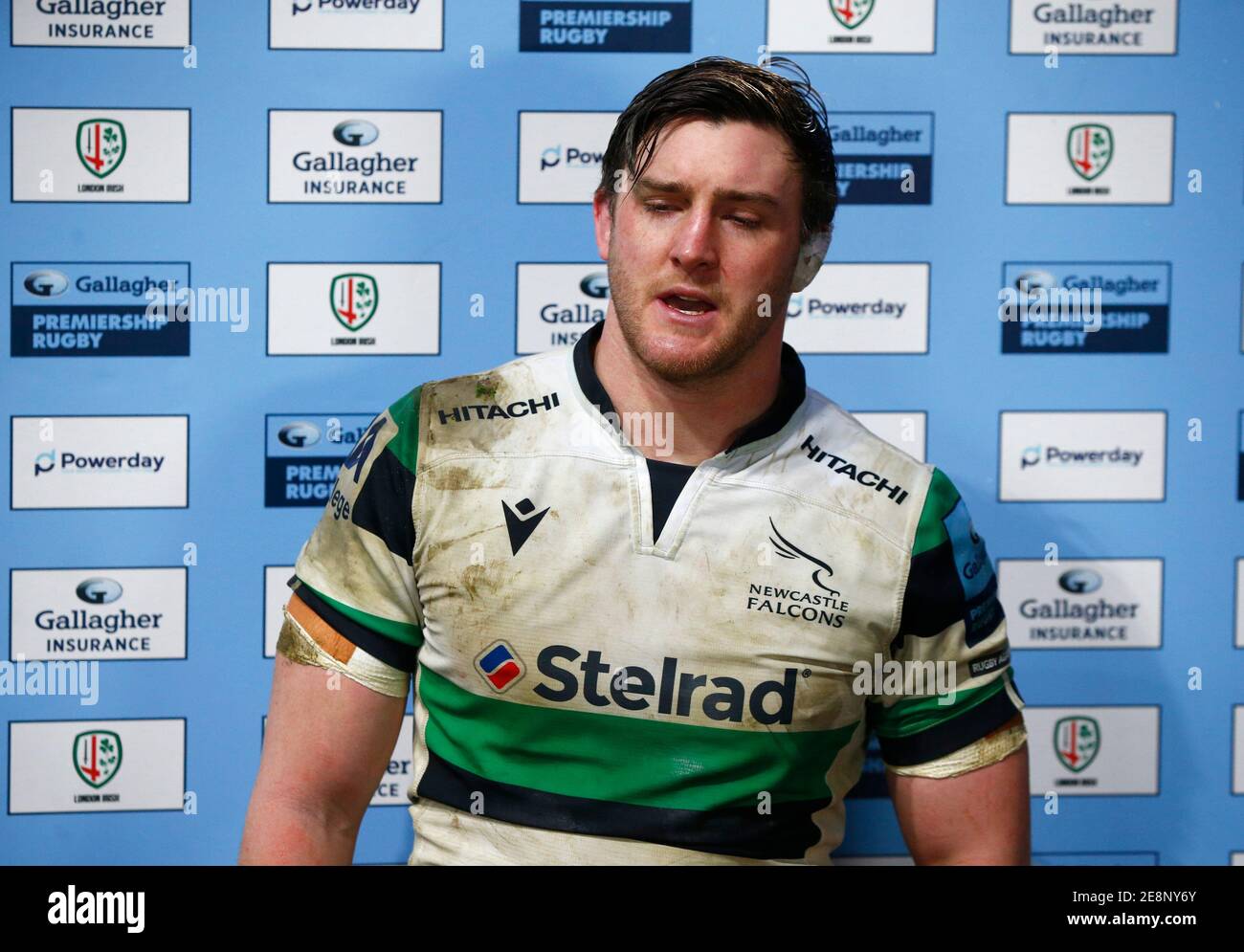 BRENTFORD, ENGLAND - JANUARY 31: Sean Robinson of Newcastle Falcons being Interviewed after the game Gallagher Premiership between London Irish and Newcastle Flacons at Brentford Community Stadium, Brentford, UK on 31st January 2021 Credit: Action Foto Sport/Alamy Live News Stock Photo