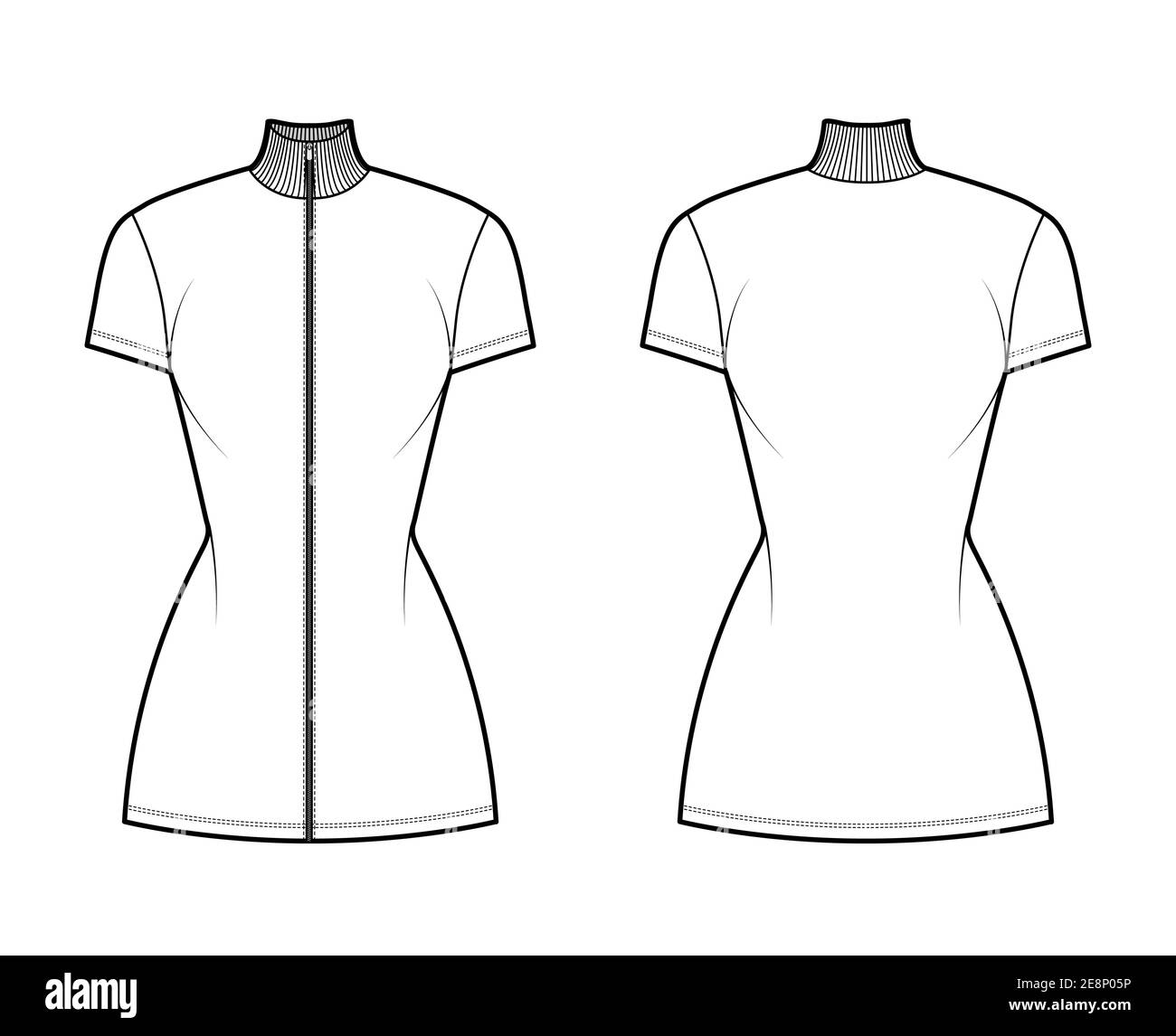Turtleneck zip-up dress technical fashion illustration with short sleeves, mini length, fitted body, Pencil fullness. Flat apparel template front, back, white color. Women, men unisex CAD mockup Stock Vector