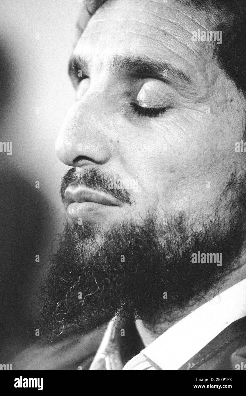 Commander Massoud takes a short moment of meditation during a press conference in Kabul, Afghanistan on May 19, 1992. Massoud was assasinated by false journalist linked to Al-Qaida on sept 09, 2001. Photo by Normand Blouin/ABACAPRESS.COM Stock Photo