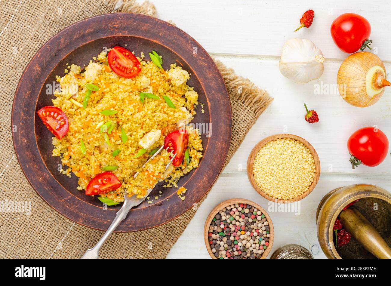Healthy food. Couscous with chicken and vegetables. Photo Stock Photo
