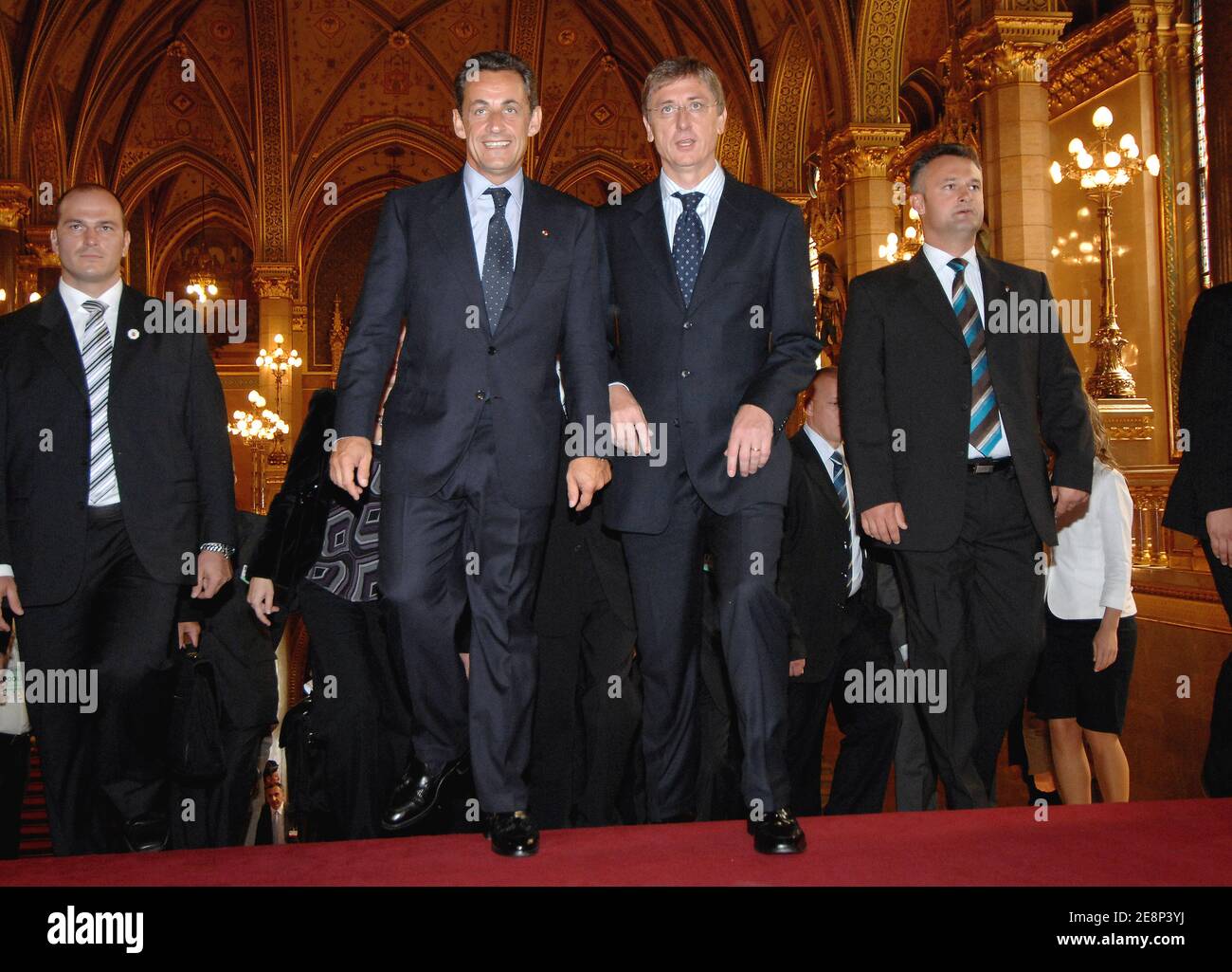 Hungarian Prime Minister Ferenc Gyurcsany escorts French President Nicolas Sarkozy in the building of the Parliament as part of his one-day official visit in Budapest, Hungary, on September 14, 2007. Photo by Christophe Guibbaud/ABACAPRESS.COM Stock Photo