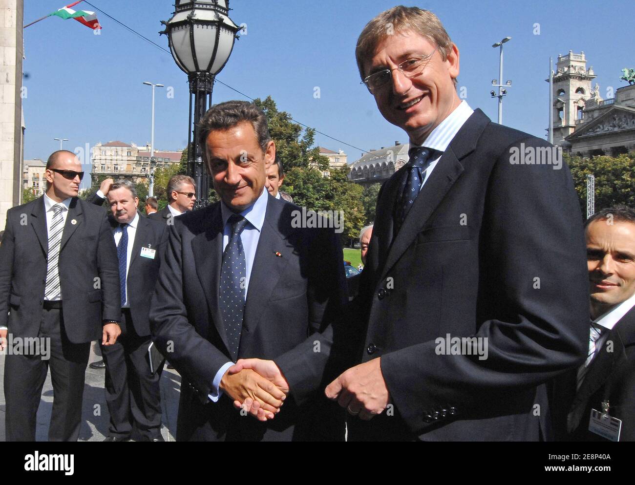 Hungary's Prime Minister Ferenc Gyurcsany welcomes French President Nicolas Sarkozy upon his arrival at the parliament as part of Sarkozy's one-day official visit in Budapest, Hungary, on September 14, 2007. Photo by Christophe Guibbaud/ABACAPRESS.COM Stock Photo