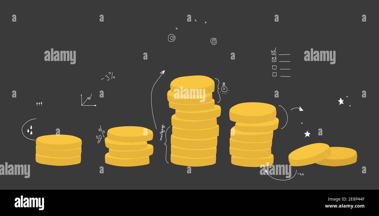 Vector illustration of hand drawing on black background. Stacks of coins of various heights. Family or personal budget allocation concept. EPS 10 Stock Vector