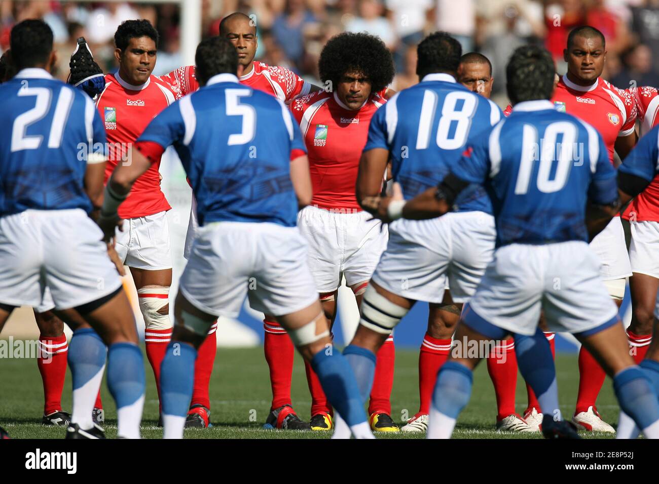 The team Haka during the IRB rugby union World Cup, Pool A, Samoa vs Tonga  at the Mosson stadium in Montpellier, France on September 19, 2007. Tonga  won 19-15. Photo by Stuart