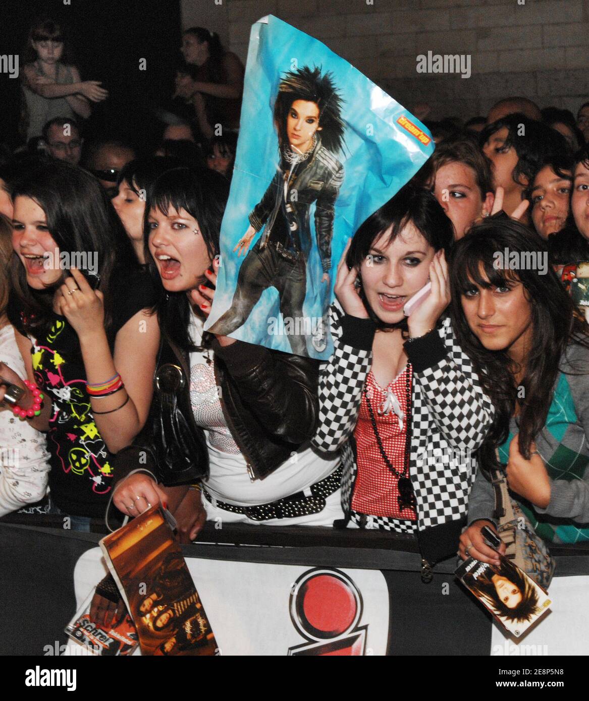 Hysterical French fans of German rock band 'Tokio Hotel' are gathered  outside of NRJ radio station's headquarters in Paris, France, on September  14, 2007. The fans are waiting for the band to