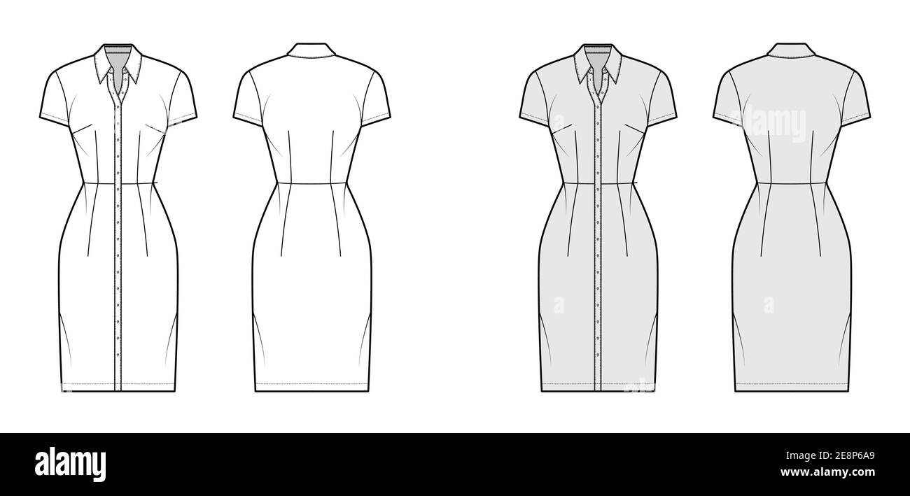 Shirt dress technical fashion illustration with classic regular collar
