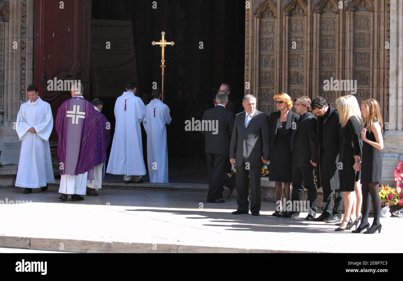 His children wait the arrival of TV anchor Jacques Martin's coffin in front of the Saint-Jean Cathedral in Lyon, France on September 20, 2007. Photo by Bernard-Dargent-Khayat-Nebinger/ABACAPRESS.COM Stock Photo