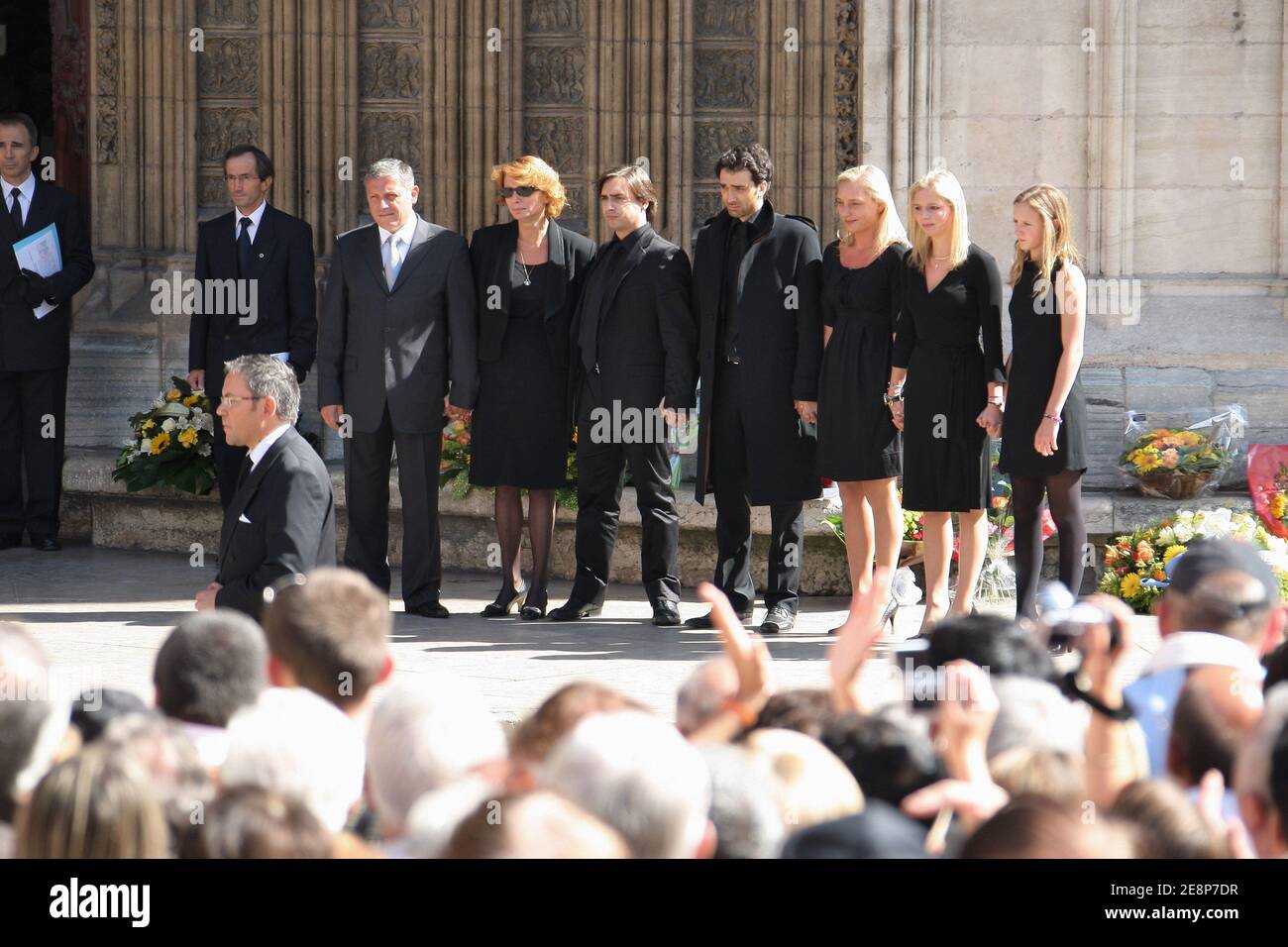 His children, (l to r) David, Elise, Frederic, Jean-Baptiste, Judith, Jeanne-Marie and Juliette waith for the coffin of their father, TV anchor Jacques Martin, at Saint-Jean Cathedral, in Lyon, France on September 20, 2007. Photo by Bernard-Dargent-Khayat-Nebinger/ABACAPRESS.COM Stock Photo