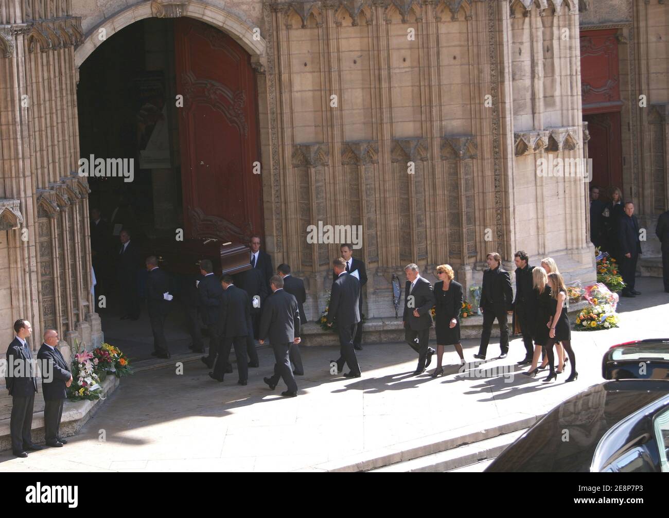 His children, (l to r) David, Elise, Frederic, Jean-Baptiste, Judith, Jeanne-Marie and Juliette look the coffin of their father, TV anchor Jacques Martin, being carried inside Saint-Jean Cathedral, in Lyon, France on September 20, 2007. Photo by Vincent Dargent/ABACAPRESS.COM Stock Photo