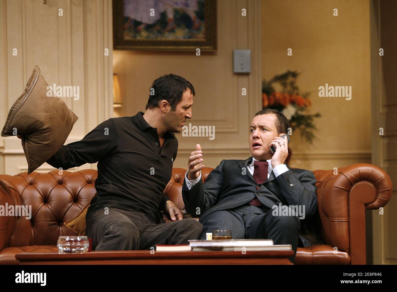 French actors Dany Boon and Arthur during the run-through of the play 'Le Diner de Cons', staged by Francis Veber at the Theatre de la Porte Saint-Martin in Paris, France on September 19, 2007. Also starring in the play: Laurent Gamelon, Stephane Bierry, Jessica Borio, Olivier Granier and Juliette Meyniac. Photo by Thierry Orban/ABACAPRESS.COM Stock Photo