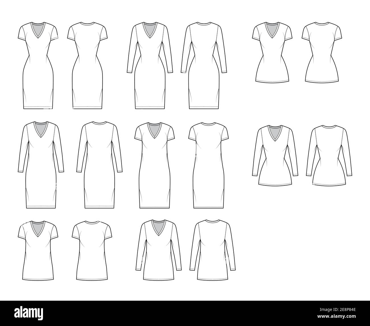 T-shirt dress technical fashion illustration with V-neck, long, short sleeves, knee, mini length, oversized, fitted body, Pencil fullness. Flat template front, back, white color. Women, men CAD mockup Stock Vector
