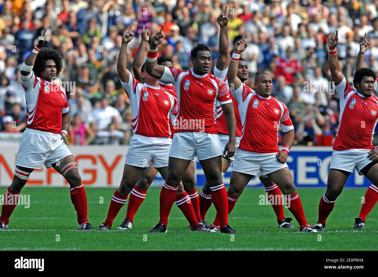 Tonga's team perform the haka in front of South Africa's team during the  IRB Rugby World Cup 2007, Pool A, South Africa vs Tonga at the Bollaert  stadium in Lens, France on