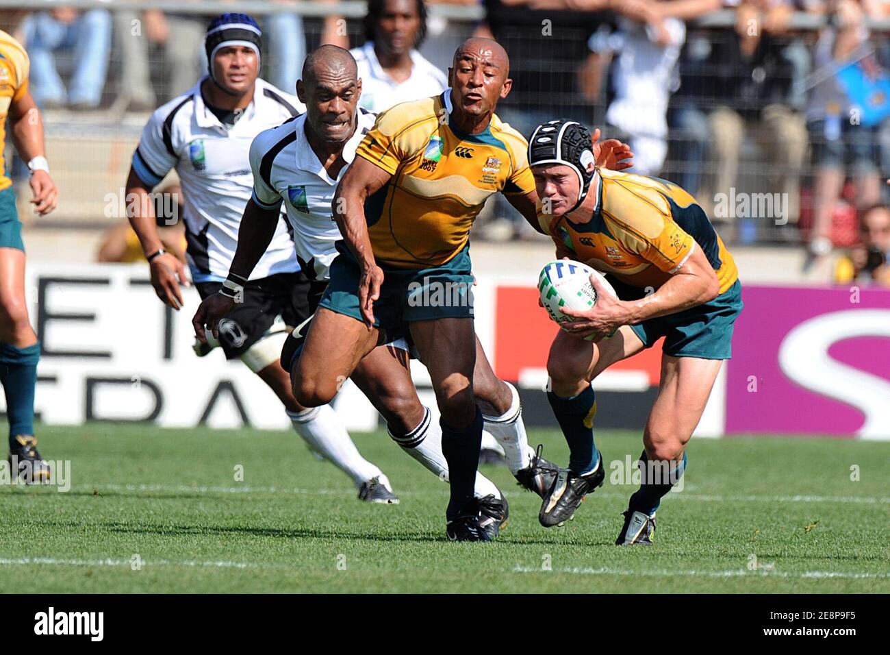(L-R) Australia's scrum-half and captain George Gregan and Australia's fly-half Berrick Barnes during IRB Rugby World Cup 2007, Pool A, Australia vs Fidji at the Stade de la Mosson in Montpellier, France on September 23, 2007. Australia won 55-12. Photo by Nicolas Gouhier/Cameleon/ABACAPRESS.COM Stock Photo