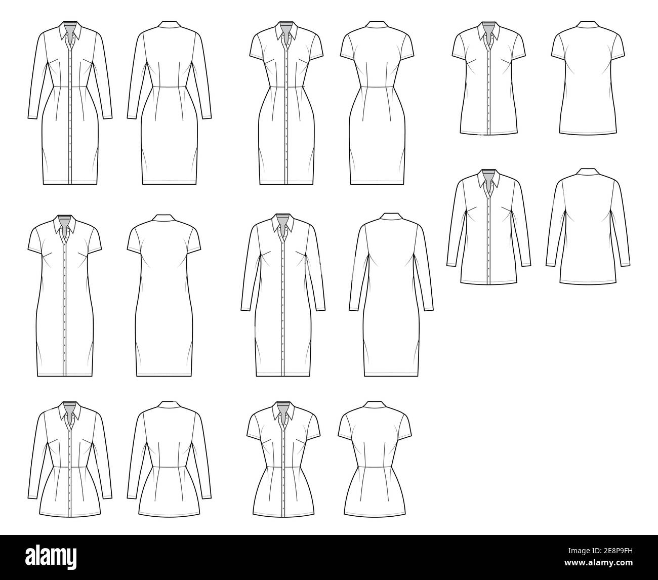 Shirt dress technical fashion illustration with classic regular collar ...