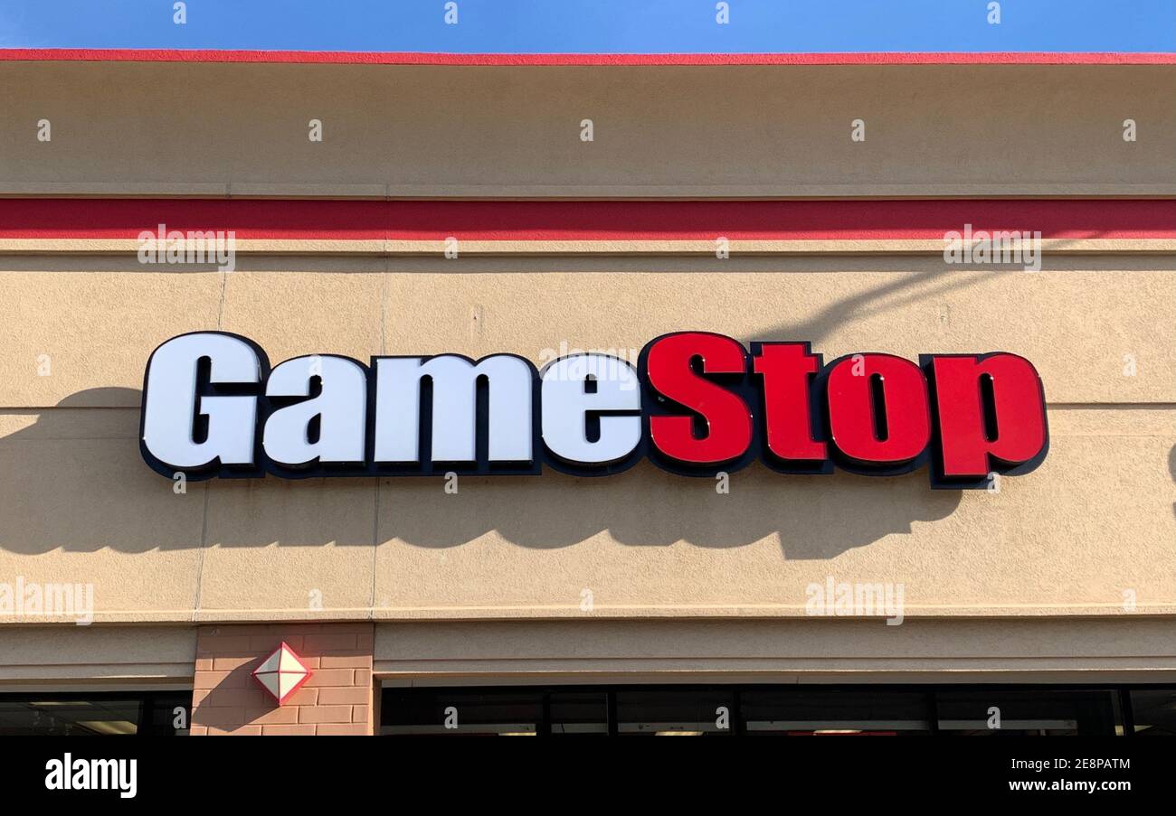 Helena, Montana - January 31, 2021: Gamestop logo sign of storefront, in the news stock rise from reddit investments, Wall Street shares soar, busines Stock Photo
