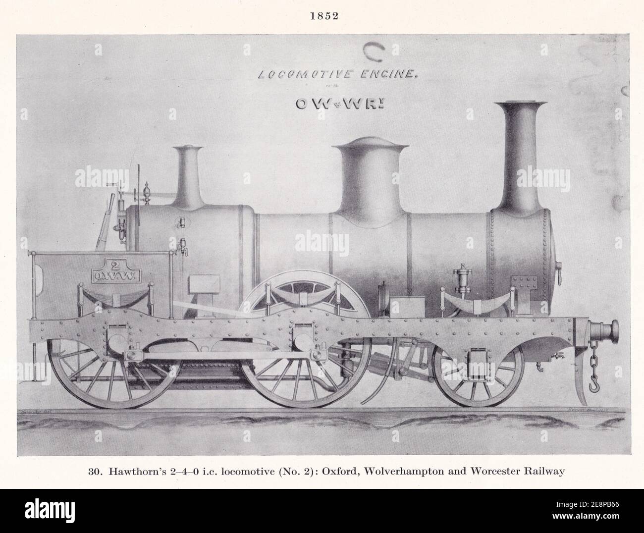 Hawthorn's 2-4-0 i.c. Locomotive (No. 2):  Oxford - Wolverhampton and Worcester Railway 1852. Stock Photo