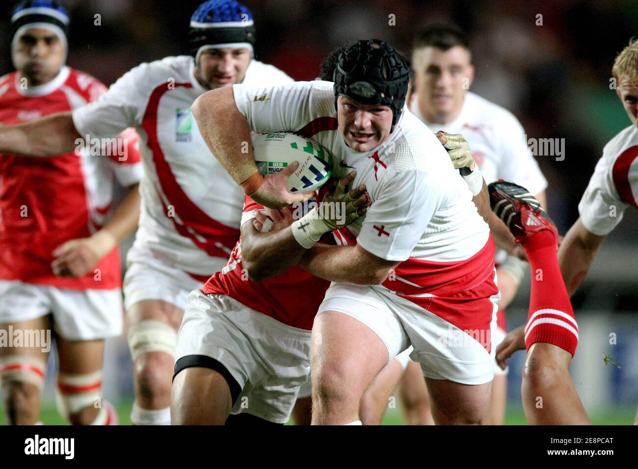 England's Matt Stevens on the charge during the IRB Rugby World Cup 2007, Pool A, England vs Tonga in Paris at the Parc de Prince in Paris, France on September 28, 2007. Photo by Morton-Nebinger/Cameleon/ABACAPRESS.COM Stock Photo