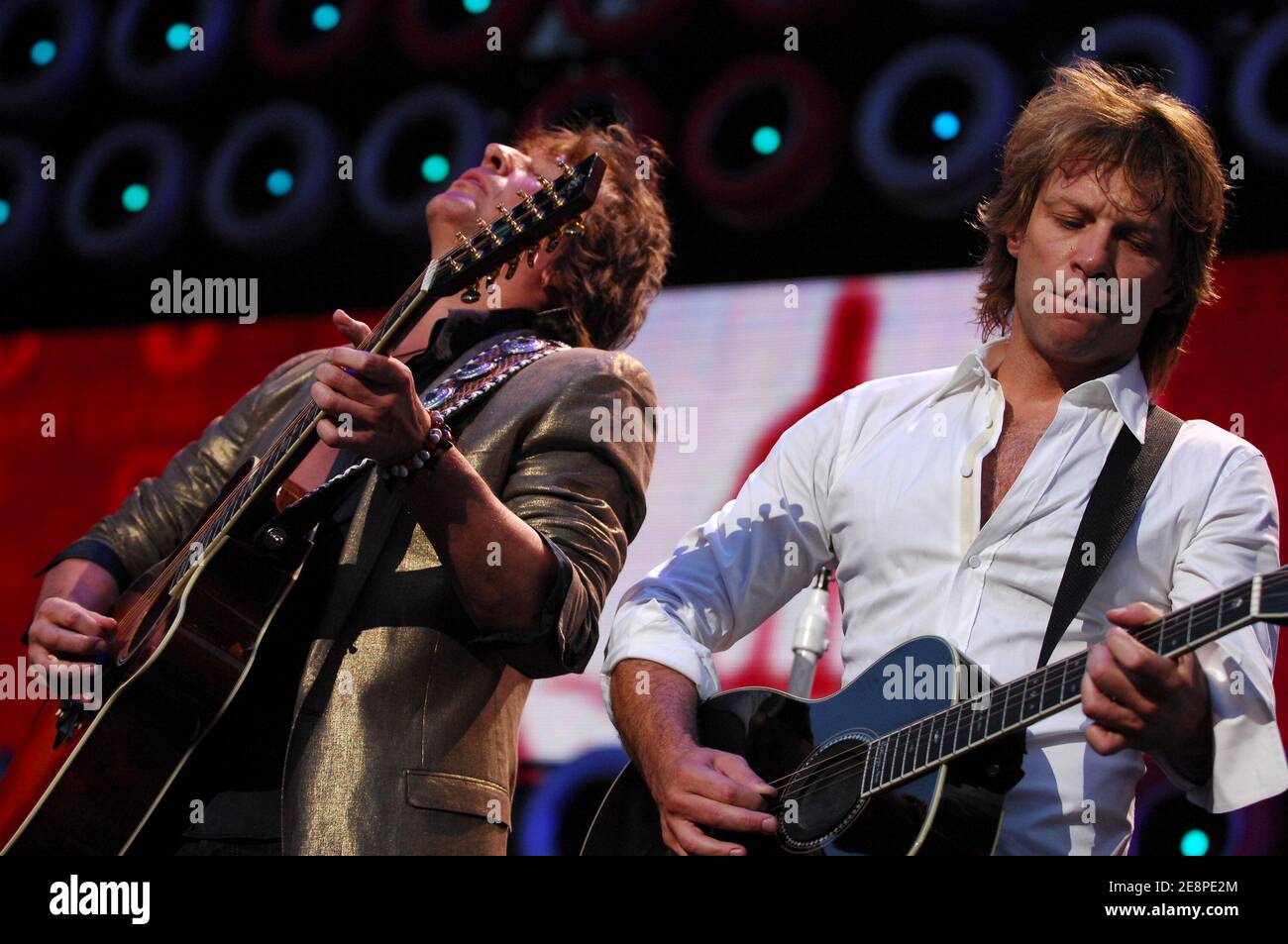 Richie Sambora and Jon Bon Jovi of Bon Jovi perform onstage during the Live  Earth - New York concert at Giants Stadium on Saturday, July 7, 2007 in  East Rutherford, New Jersey,