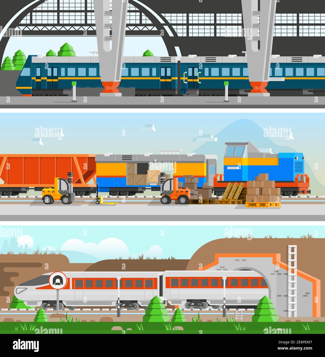 Rail transport horizontal flat banners with high speed passenger train railroad station and loading at railway transport compositions vector illustrat Stock Vector