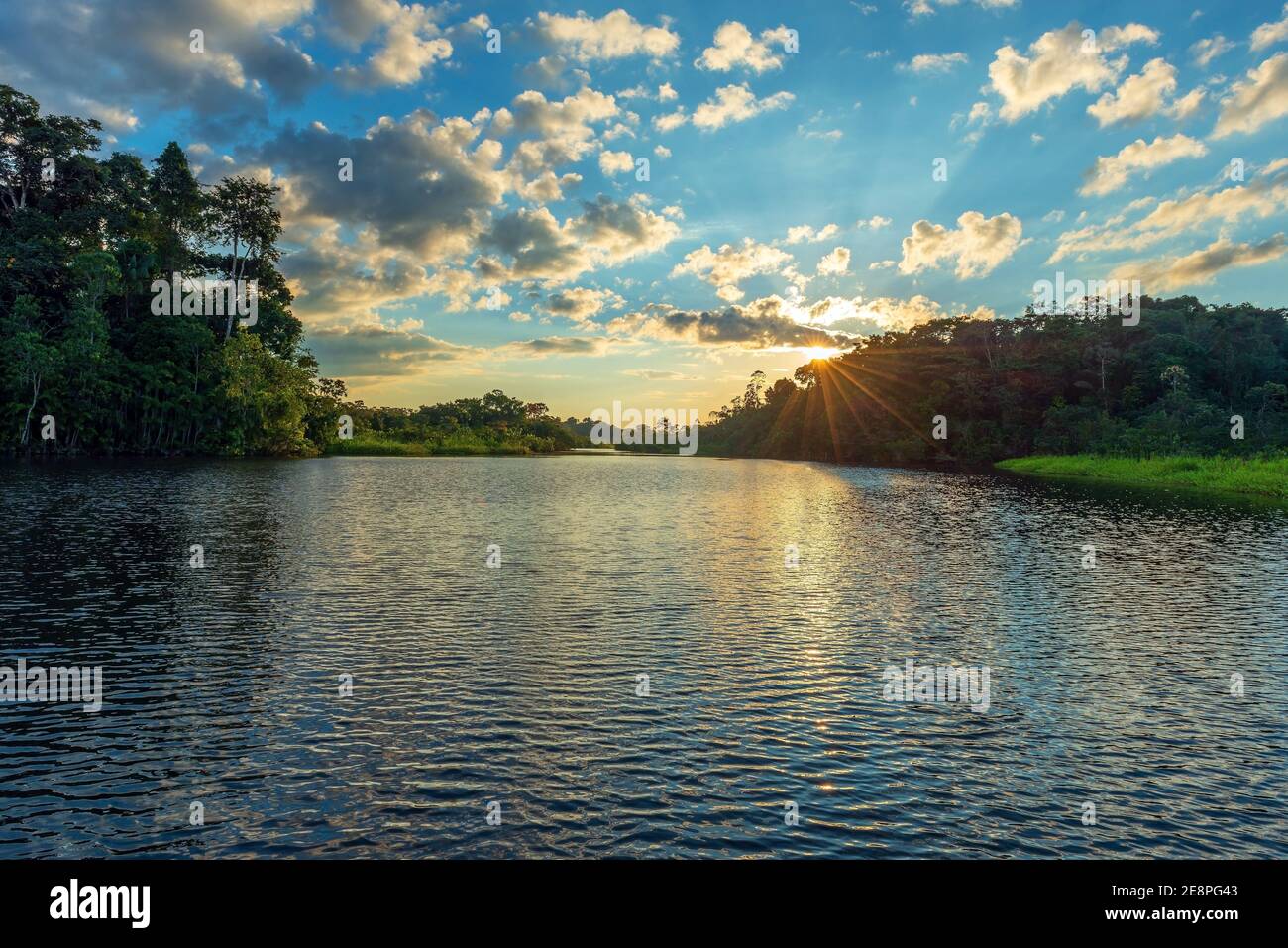 Lens flare sunset, Yasuni national park. The Amazon jungle in Ecuador, Peru, Bolivia, Brazil, Colombia, (French) Guyana, Colombia, Venezuela. Stock Photo