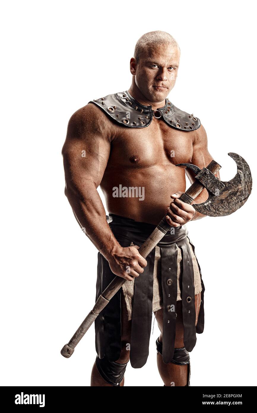 Studio shot of muscular ancient warrior man posing with axe. Isolated on white. Copy space Stock Photo