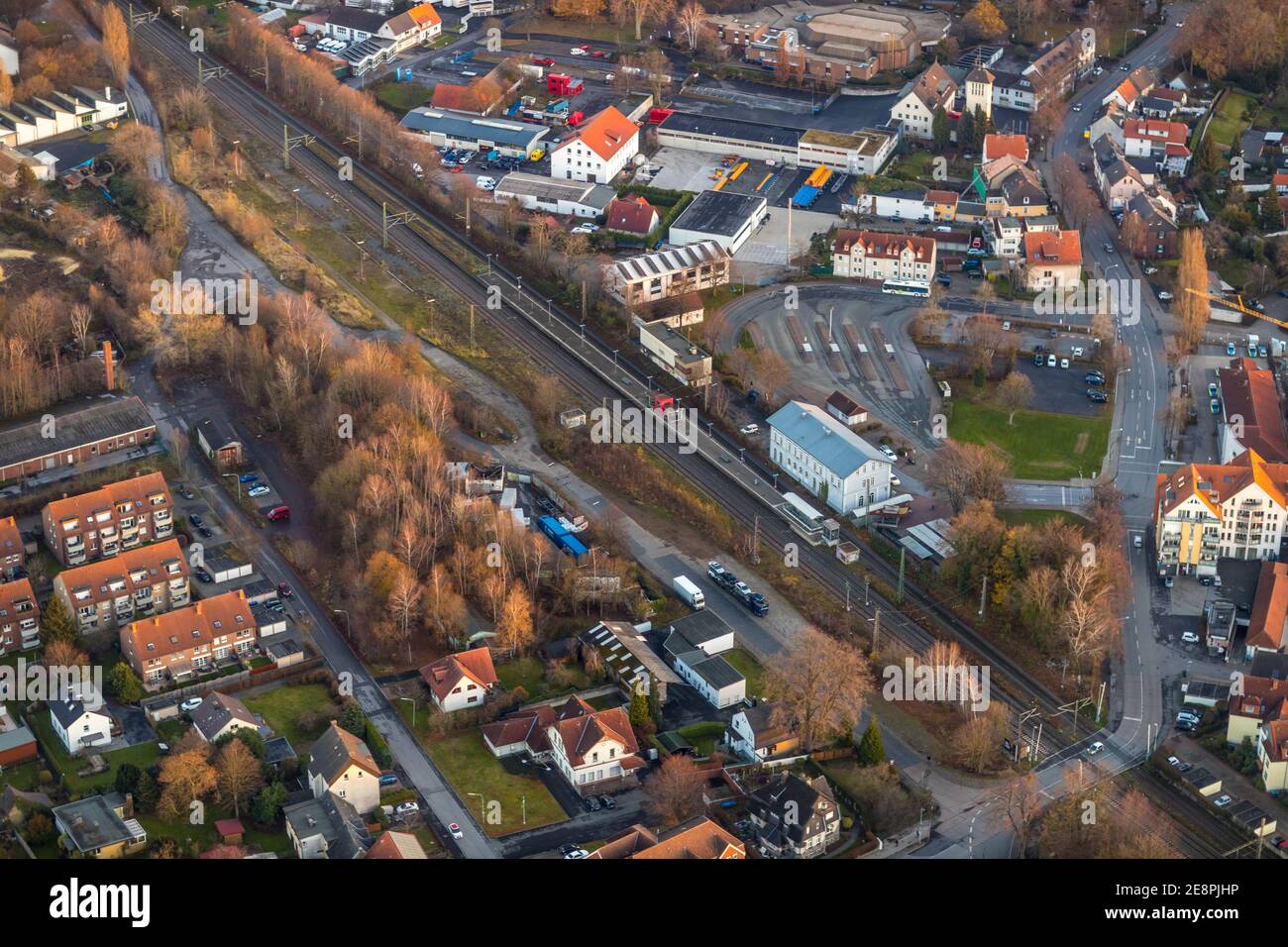 Aerial view, Werl train station, Grafenstraße bus station, culture and event centre, Werl, North Rhine-Westphalia, Germany, train station, Bahnhofstra Stock Photo