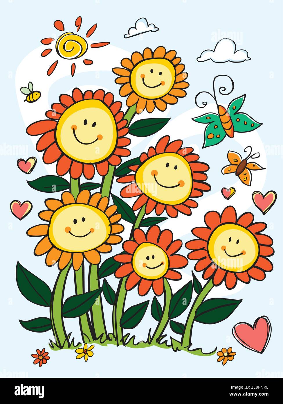 Vector cute colourful happy sun flowers portrait with hearts and butterflies illustration. Perfect for greeting cards and get well soon cards. Stock Vector