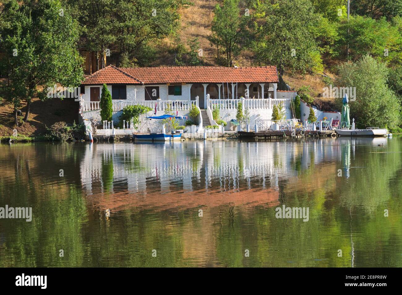 white villa on the Ovcar Lake, Serbia Stock Photo