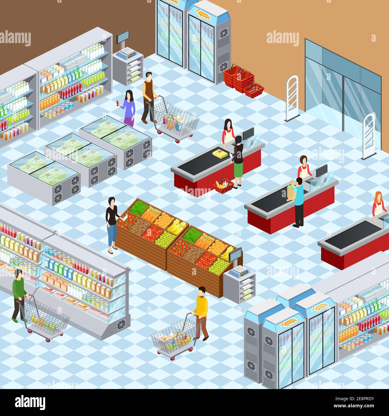 Supermarket grocery store interior design isometric composition with customers at display racks and paying abstract vector illustration Stock Vector