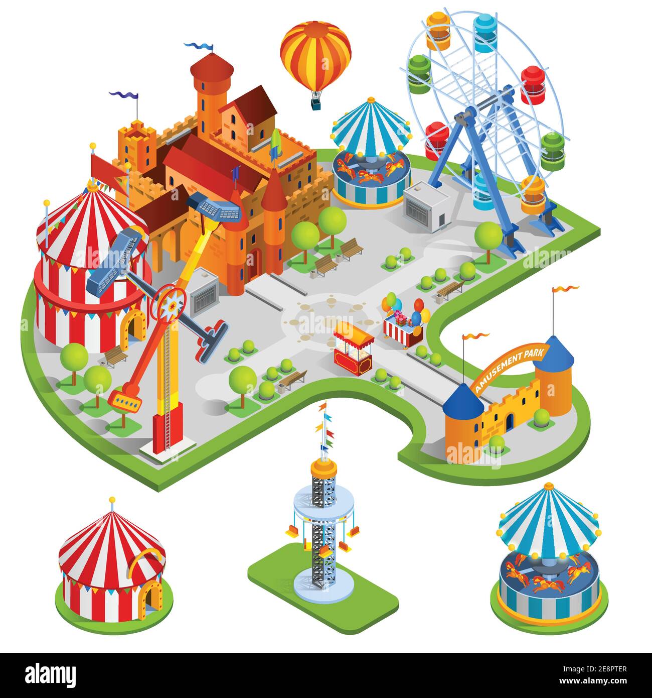 Amusement kids park isometric composition with medieval castle ferris ...