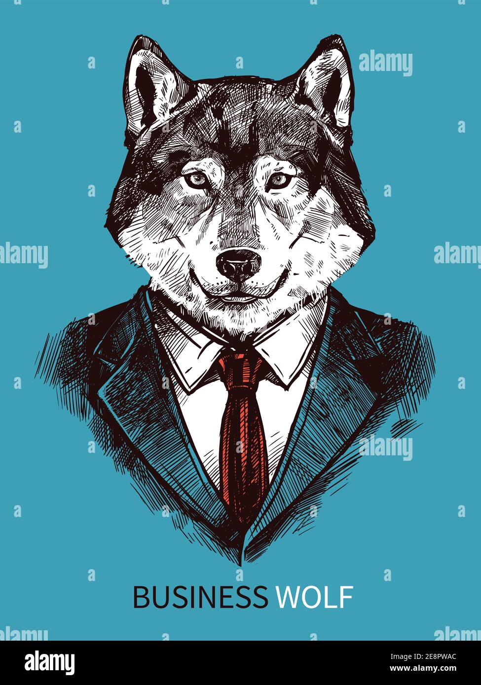 Hand drawn poster of business wolf in suit portrait on blue background fashion vector illustration Stock Vector