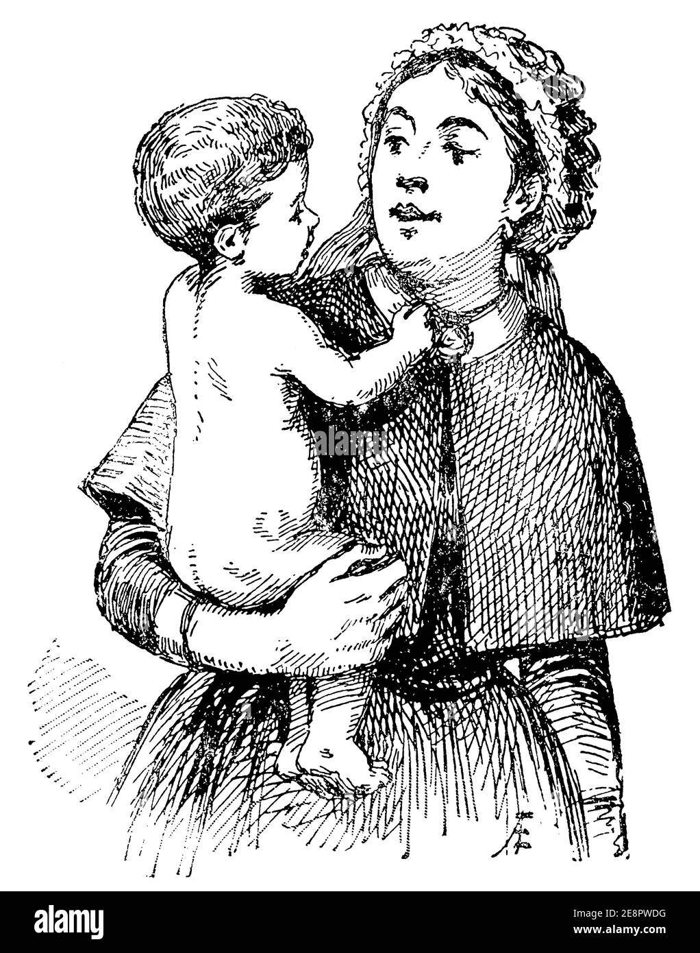 How to carry the child. Illustration of the 19th century. Germany. White background. Stock Photo