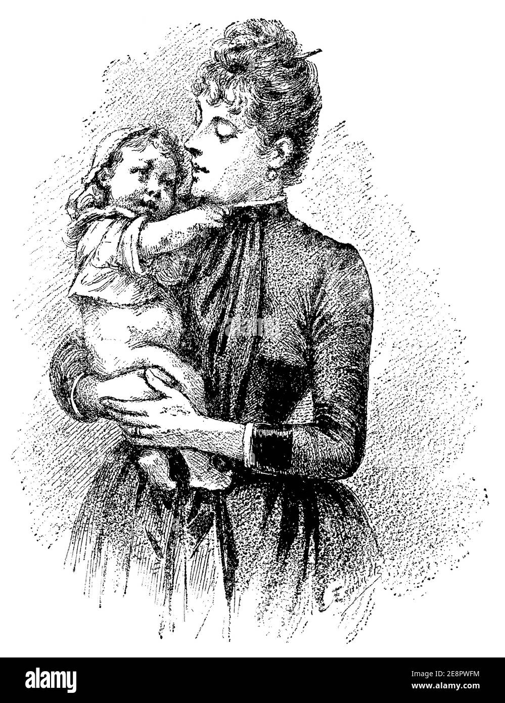 How can you not carry a child. Illustration of the 19th century. Germany. White background. Stock Photo