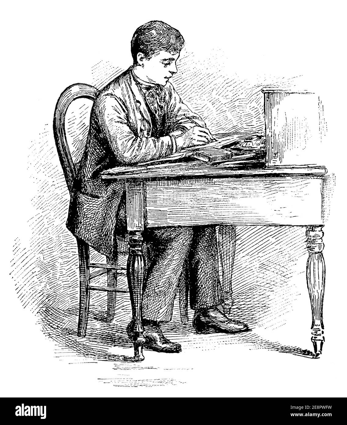 The desk is at the right height. Healthy posture. Illustration of the 19th century. Germany. White background. Stock Photo