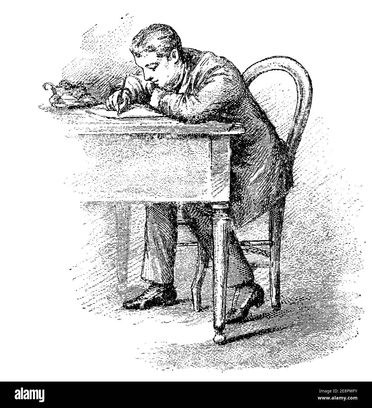 The desk is too high. Poor posture. Illustration of the 19th century. Germany. White background. Stock Photo