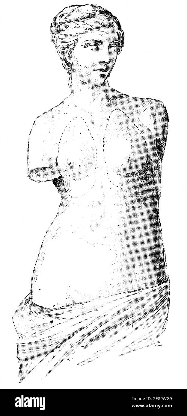 Venus de Milo - the most famous works of ancient Greek sculpture. The dotted lines show the location of the lungs. Illustration of the 19th century. Germany. White background. Stock Photo