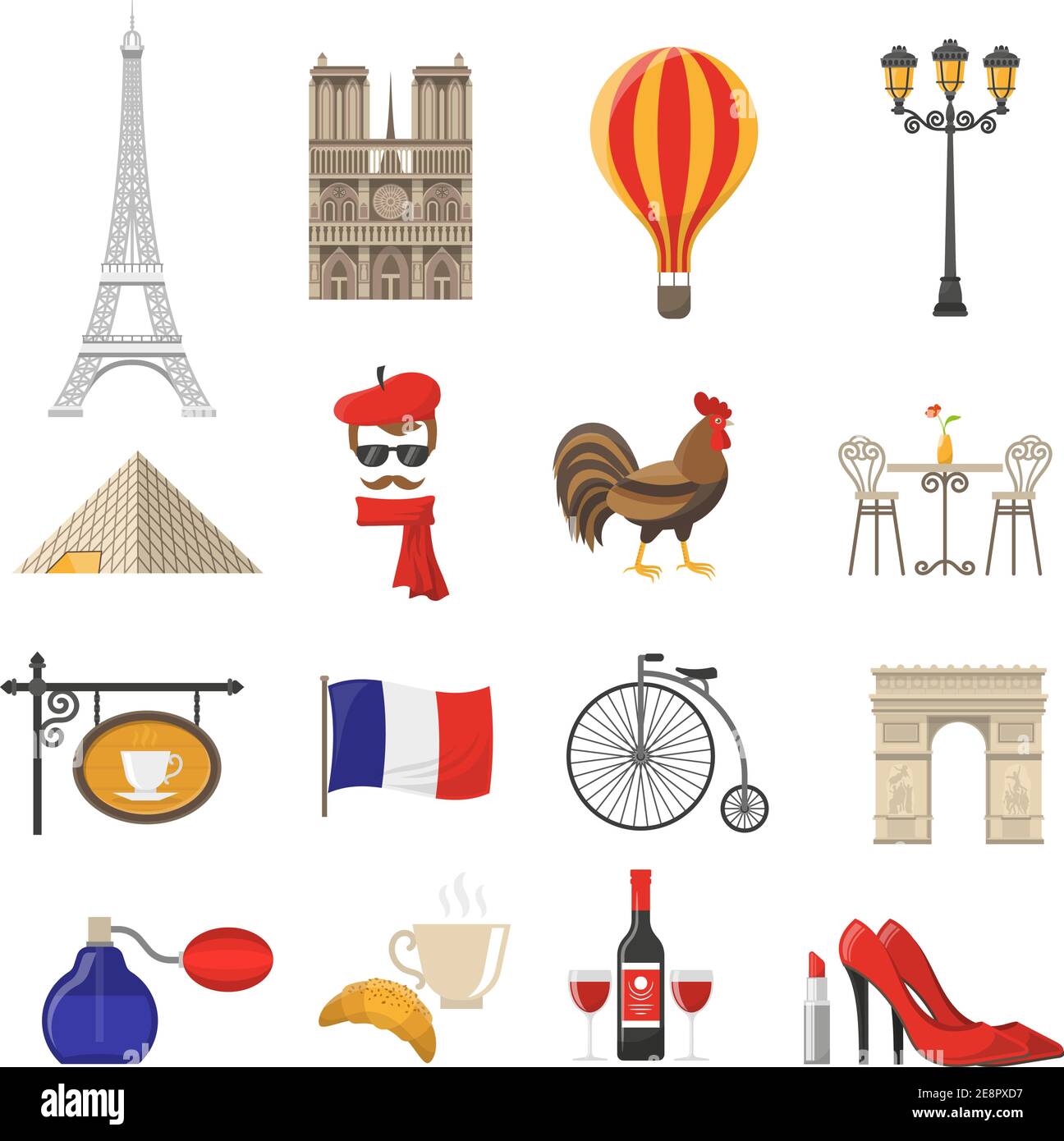 France Icons Set.France Vector Illustration.France Flat Symbols.Paris Design Set. Paris Elements Collection. Stock Vector