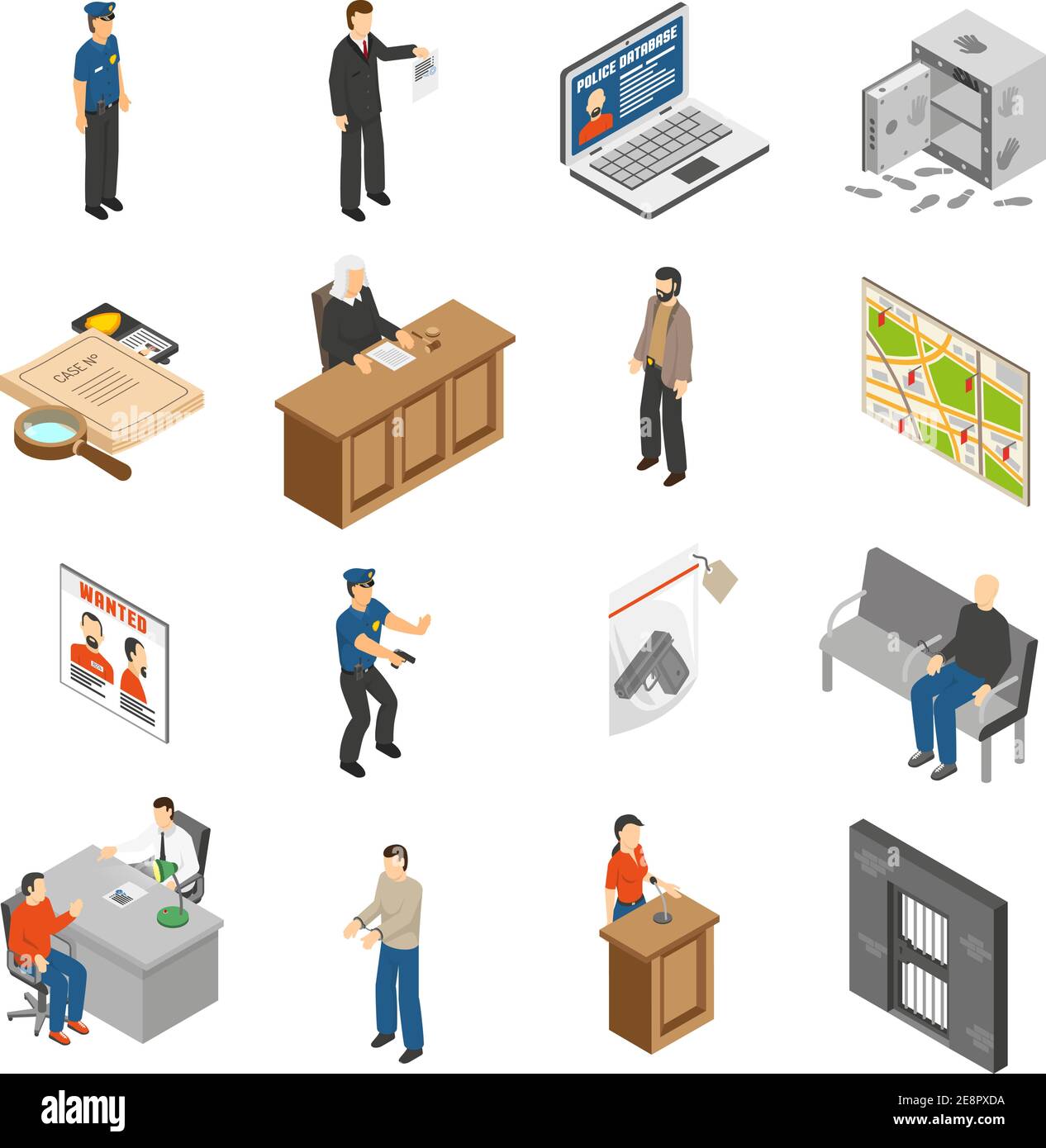 Justice and law isometric icons set with policeman defendant judgment ...